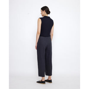 linen pleated trouser in charcoal blue