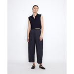 linen pleated trouser in charcoal blue