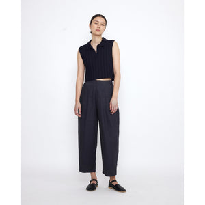 linen pleated trouser in charcoal blue