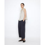 linen pleated trouser in charcoal blue