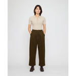 pleated trouser in olive corduroy