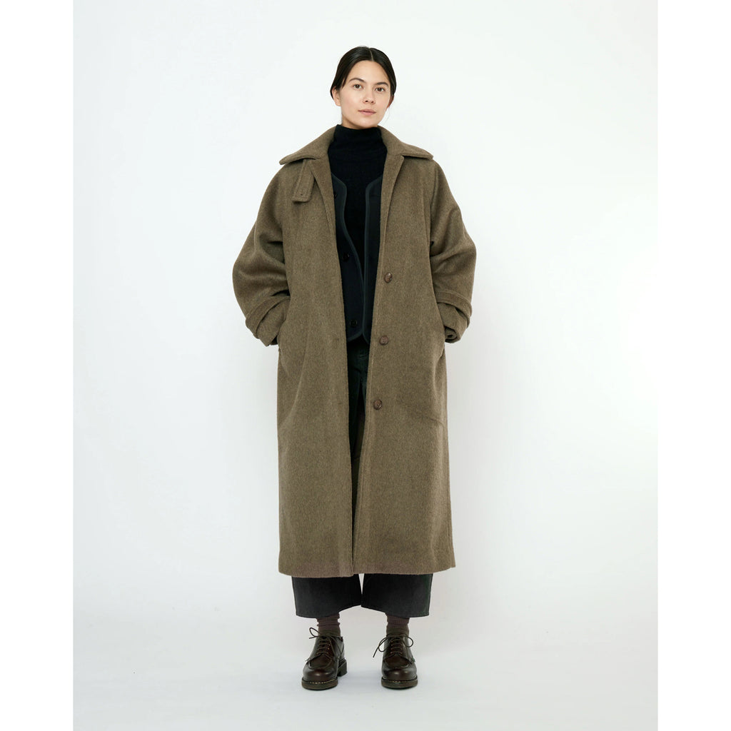 balmacaan coat in olive gray