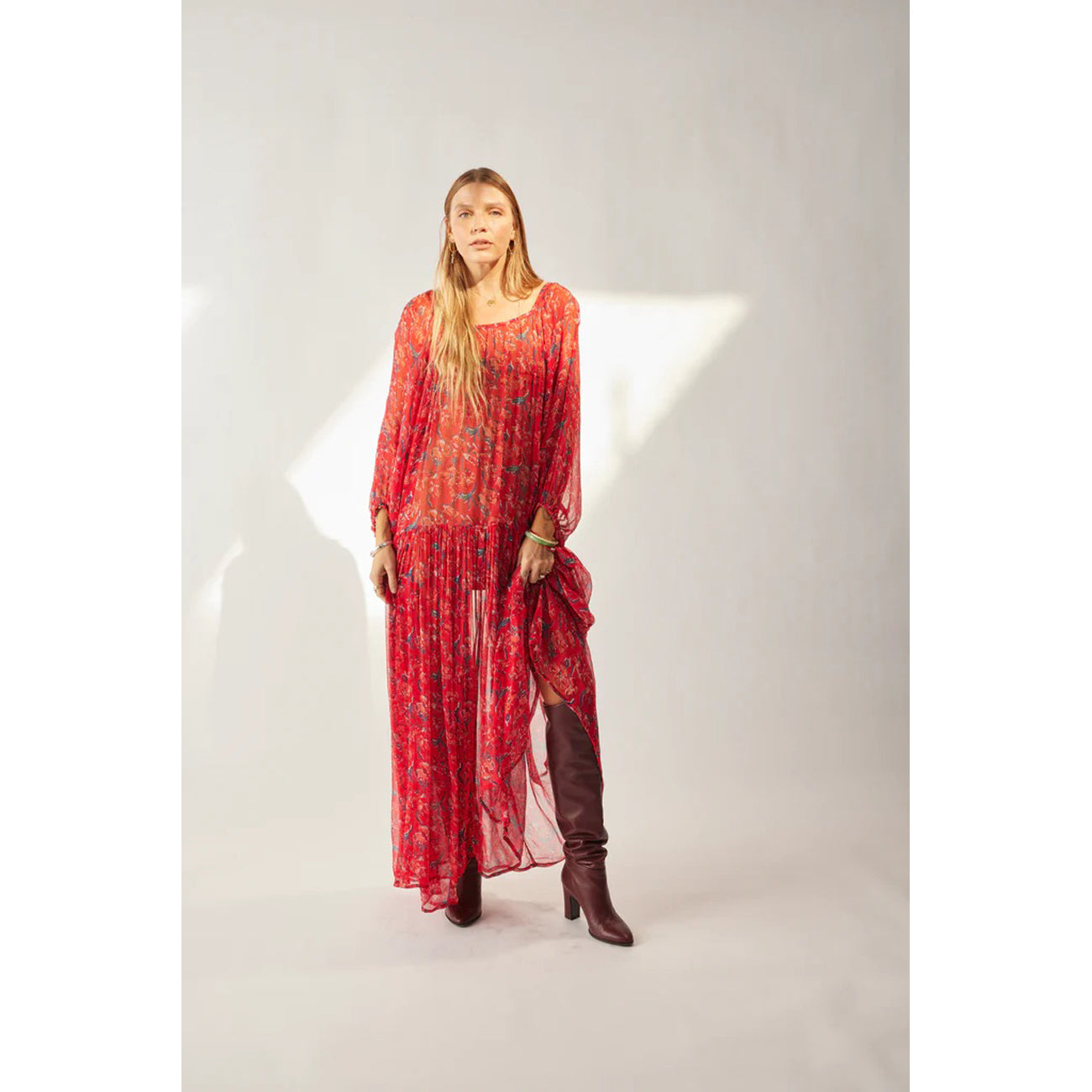 lainey dress in chiffon watercolor vermillion
