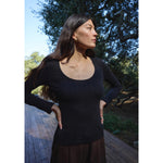 l/s scoop pointelle tee in black