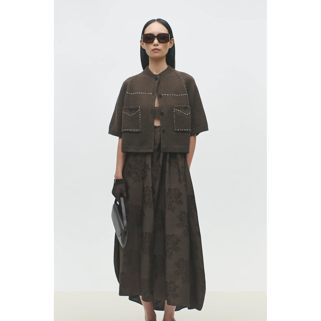 cotton stitched top in brown