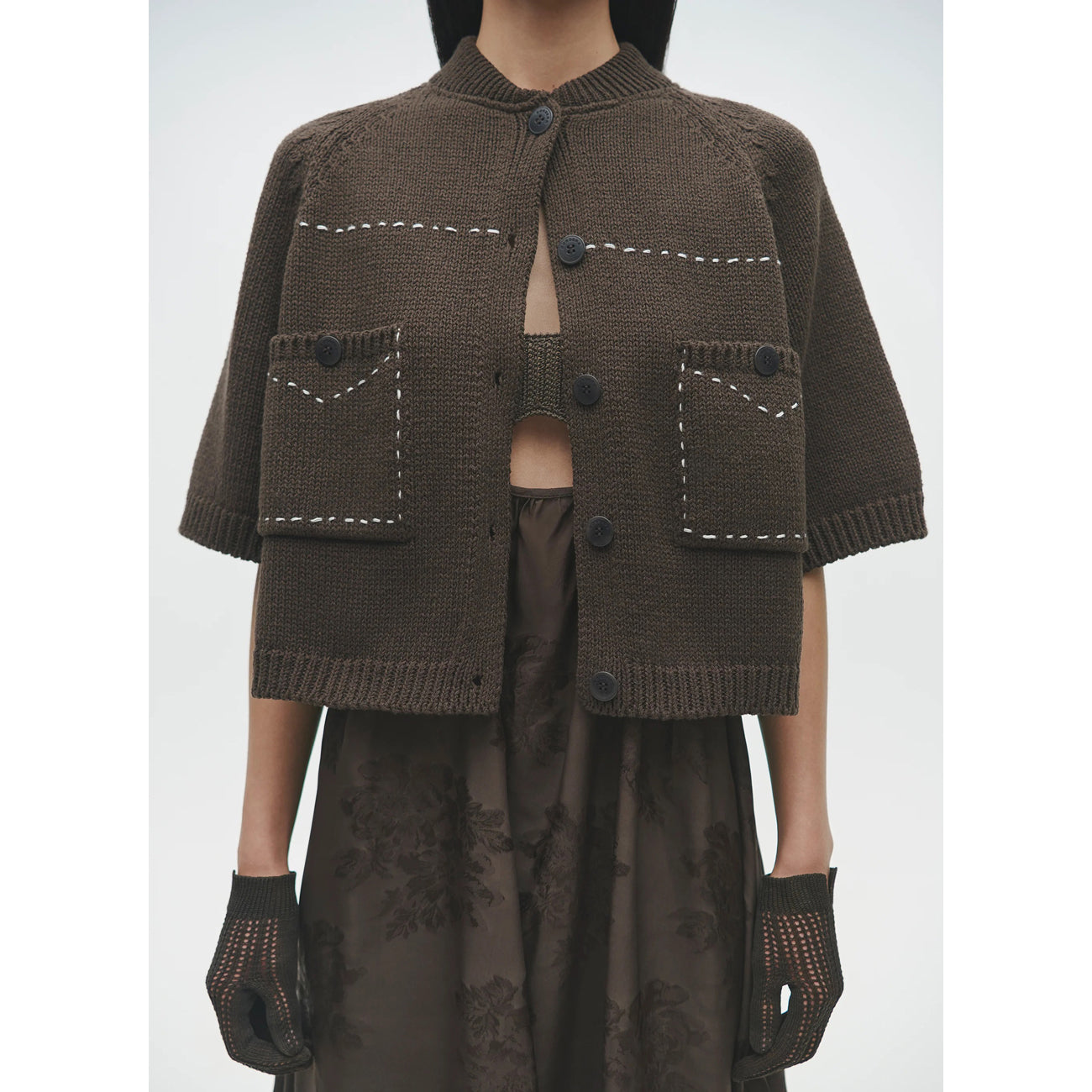 cotton stitched top in brown