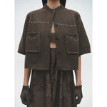 cotton stitched top in brown