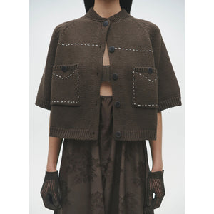 cotton stitched top in brown