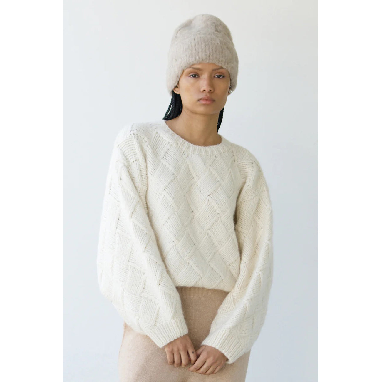 balloon sleeve sweater entrelac in all cream