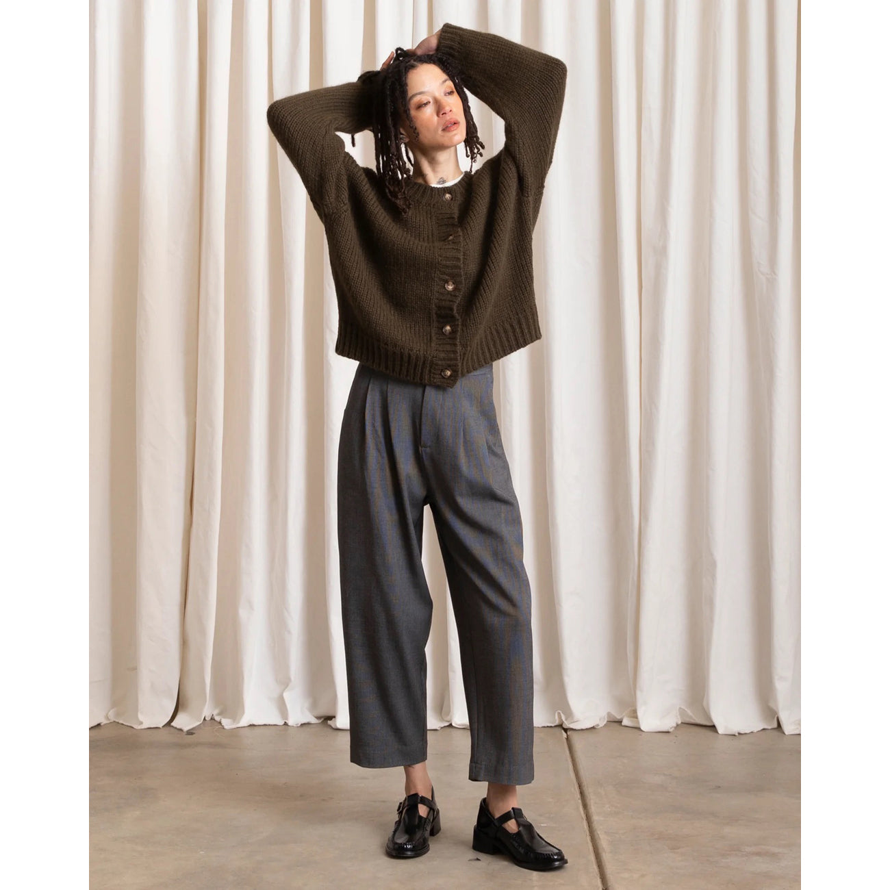 merino crew-neck cardigan in olive