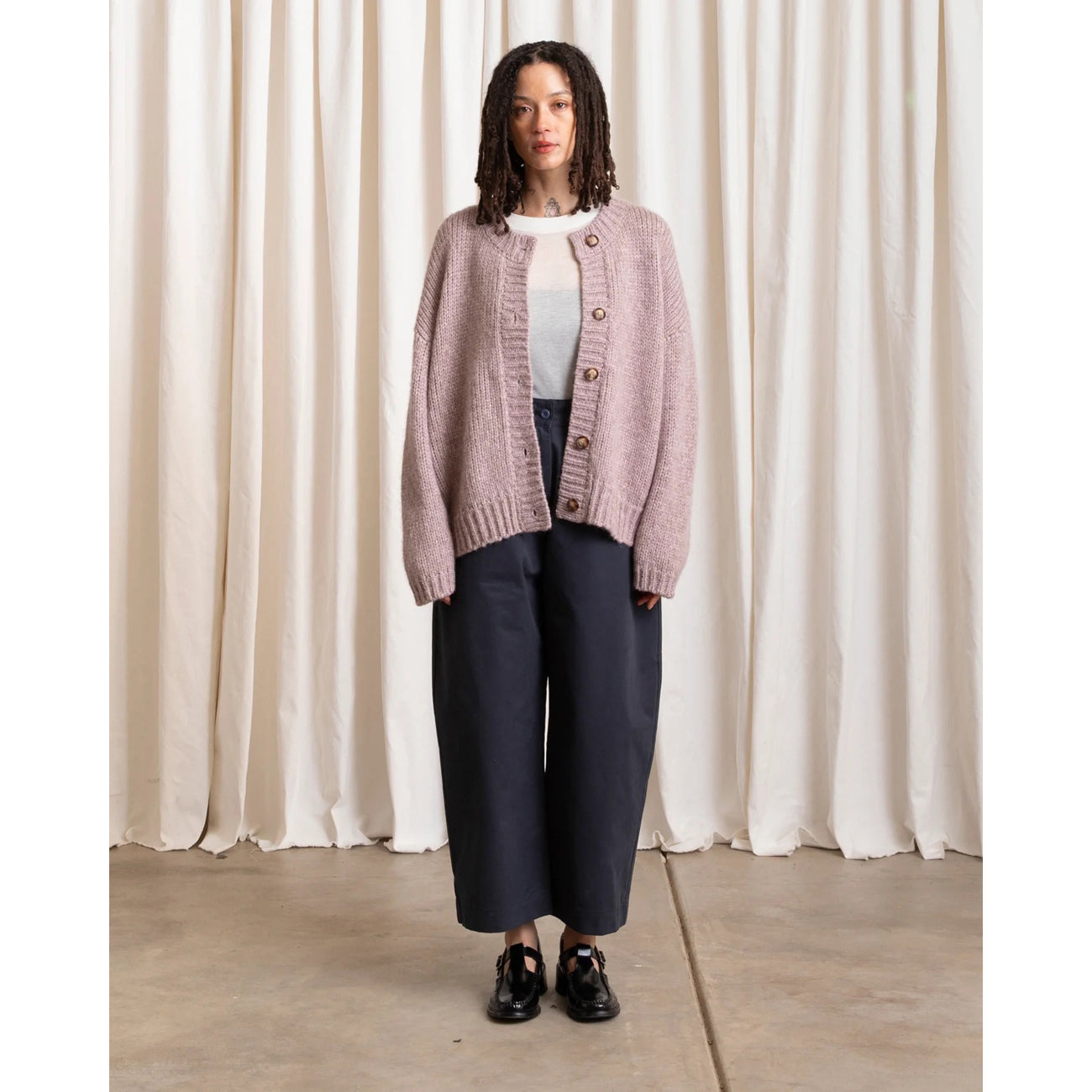 merino crew-neck cardigan in muted lilac