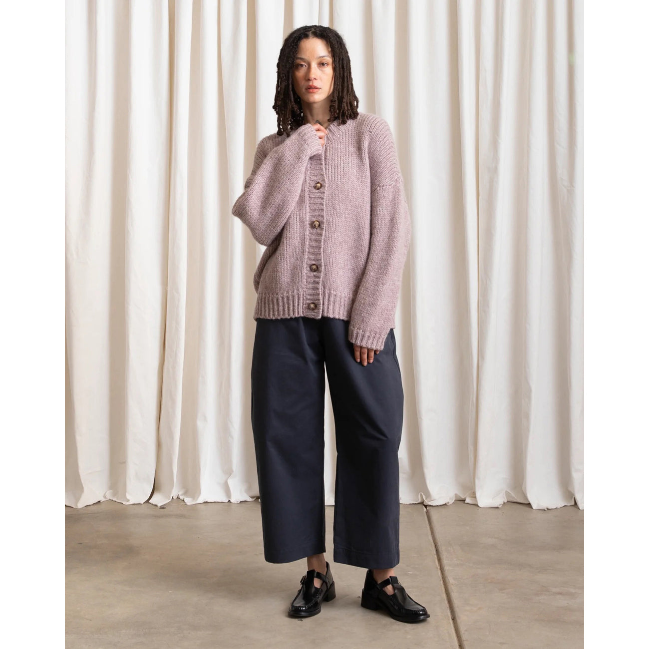 merino crew-neck cardigan in muted lilac