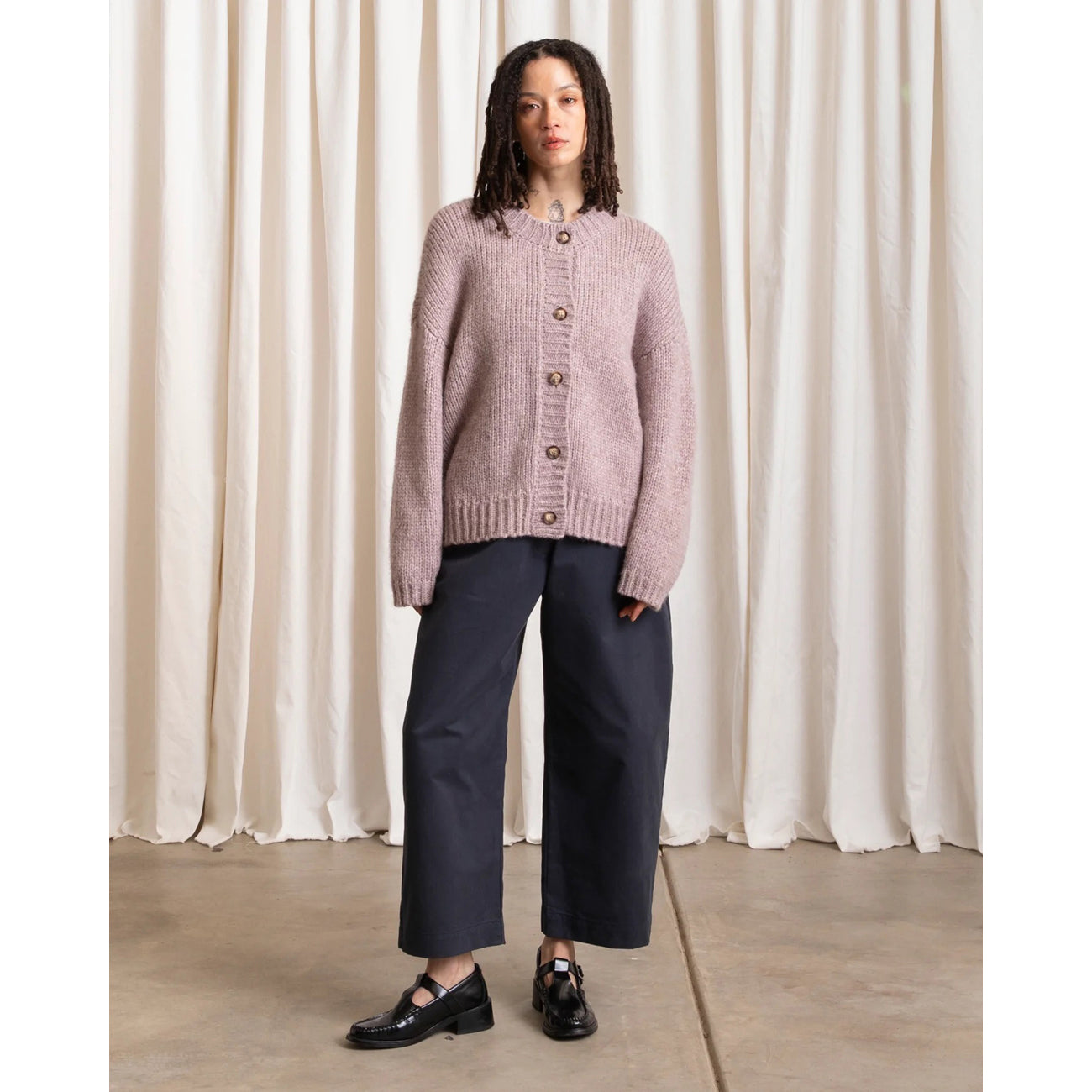 merino crew-neck cardigan in muted lilac