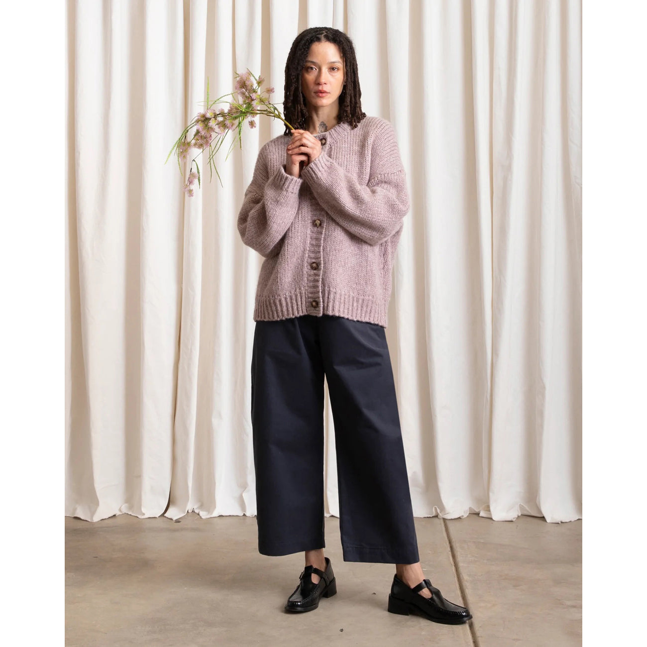 merino crew-neck cardigan in muted lilac