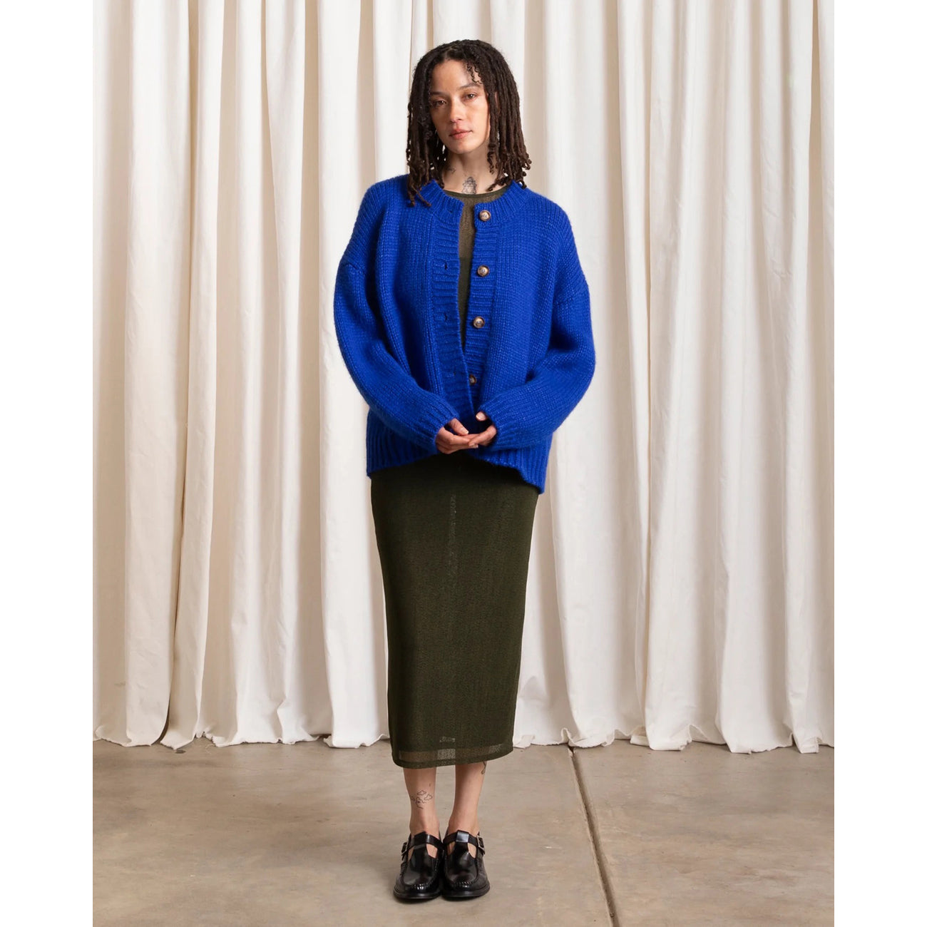 merino crew-neck cardigan in cobalt