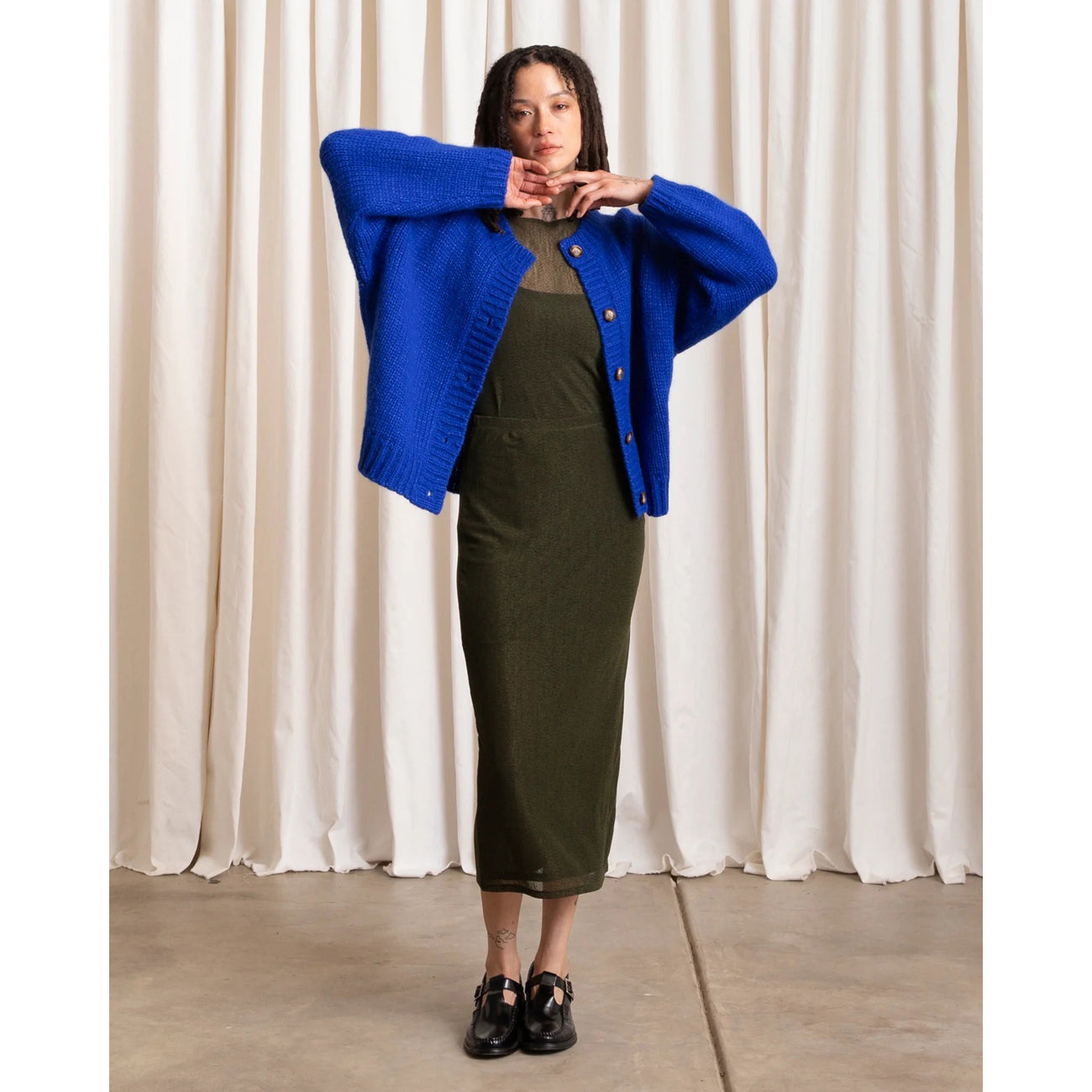 merino crew-neck cardigan in cobalt