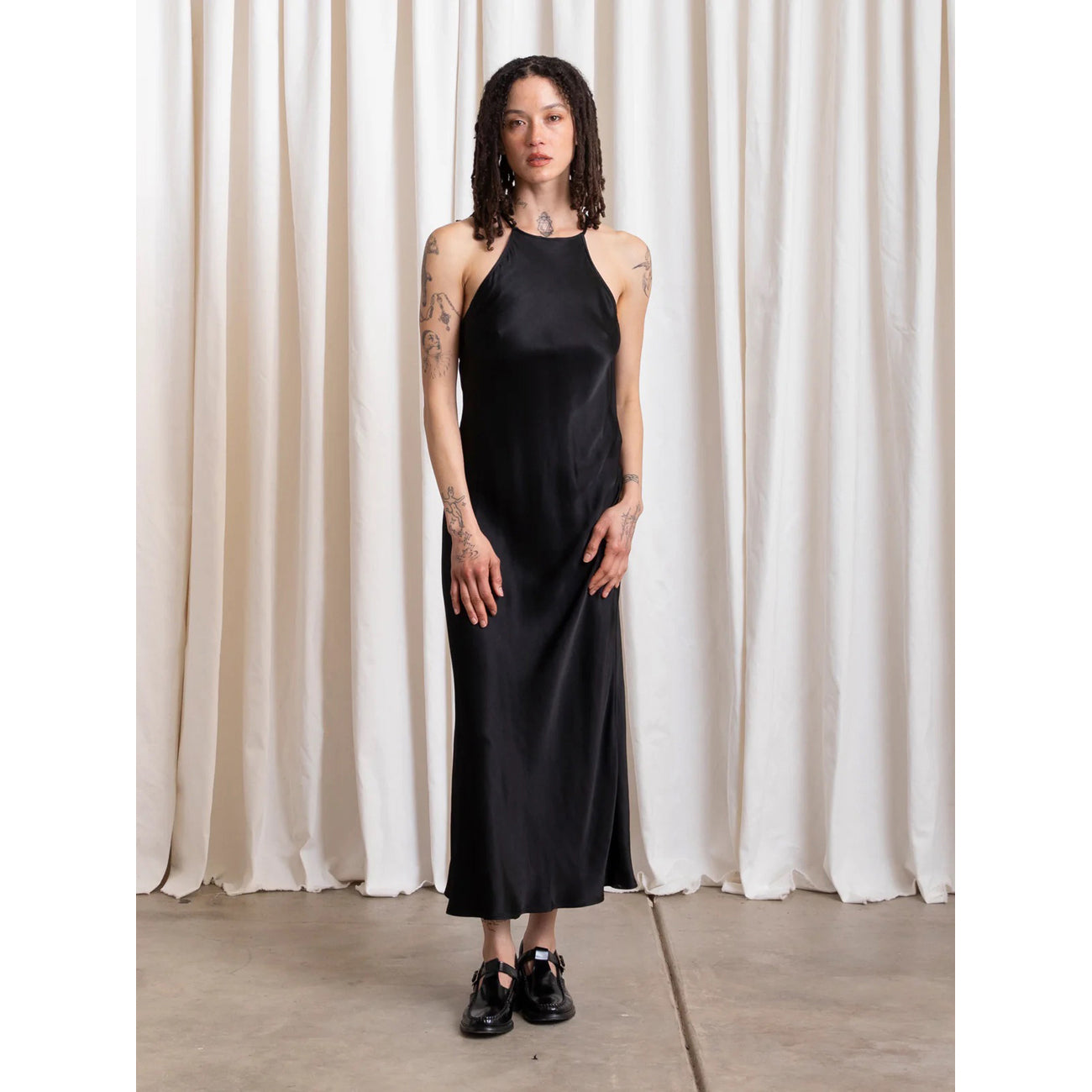 high neck bias dress in black