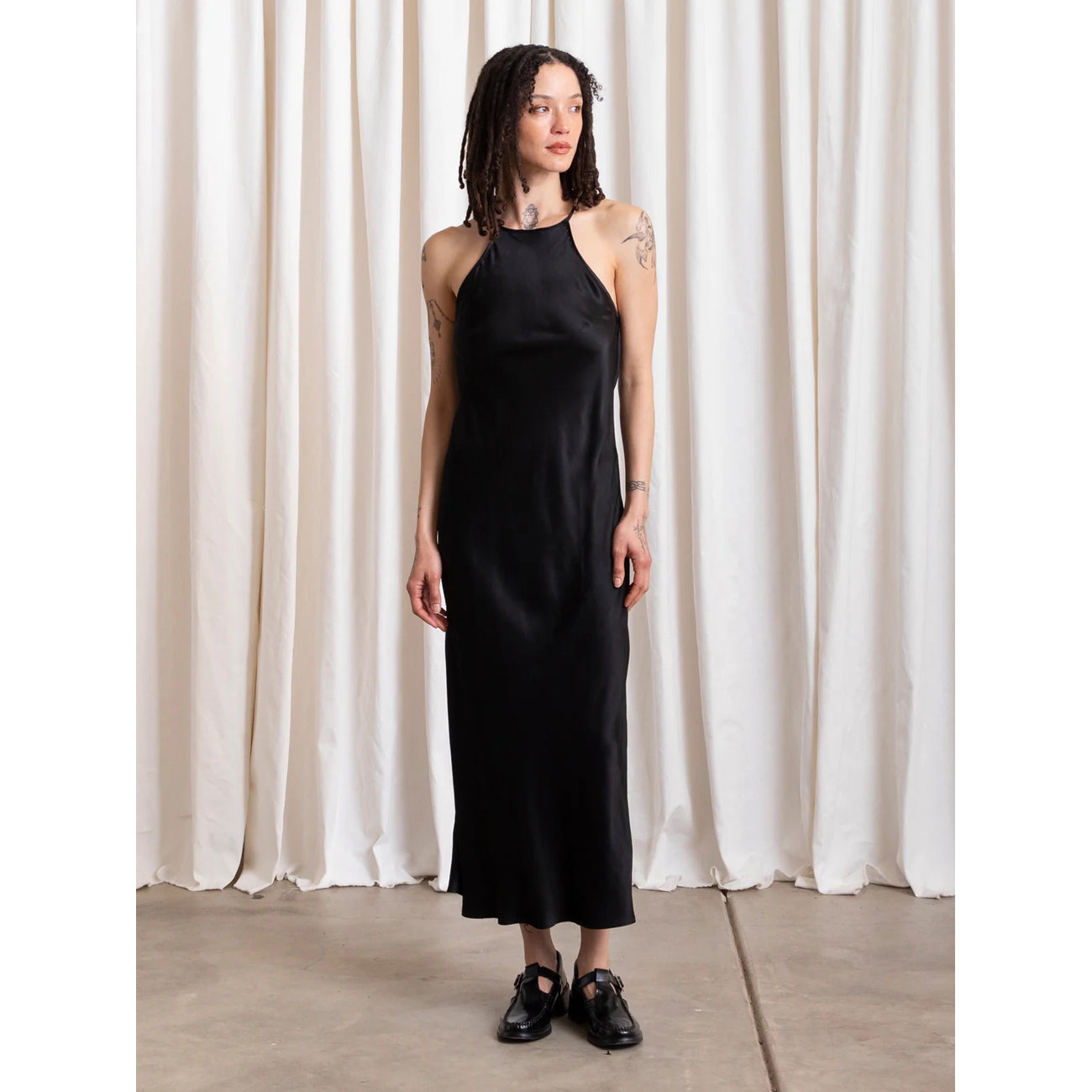high neck bias dress in black