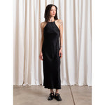 high neck bias dress in black