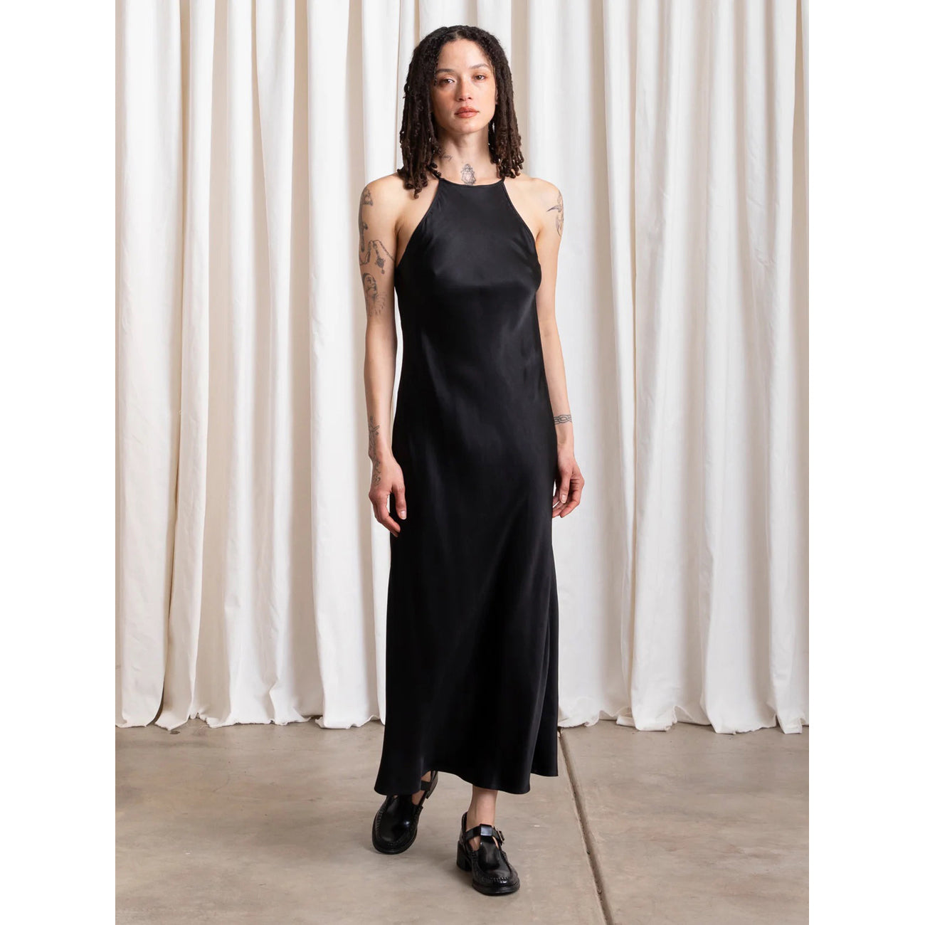 high neck bias dress in black