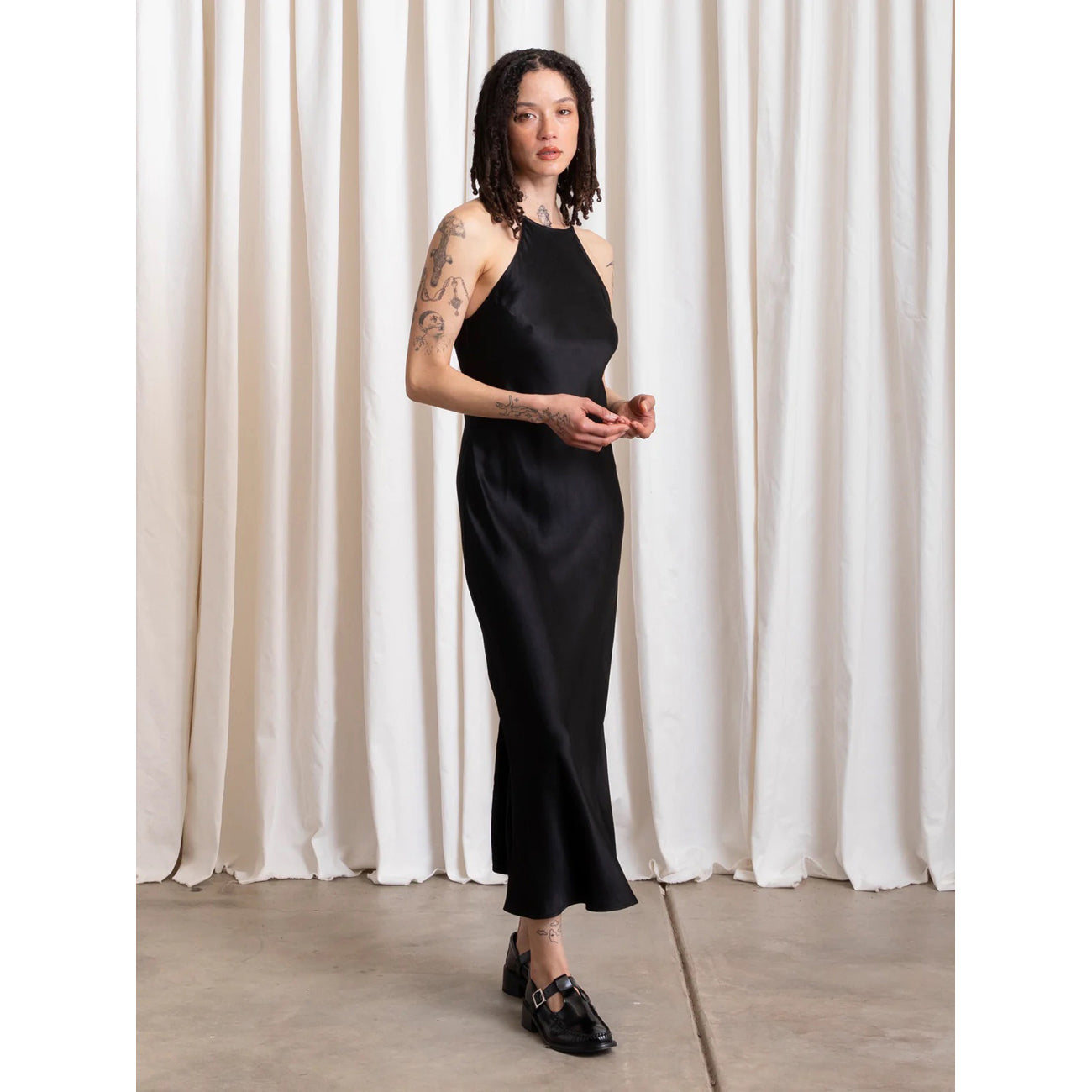 high neck bias dress in black