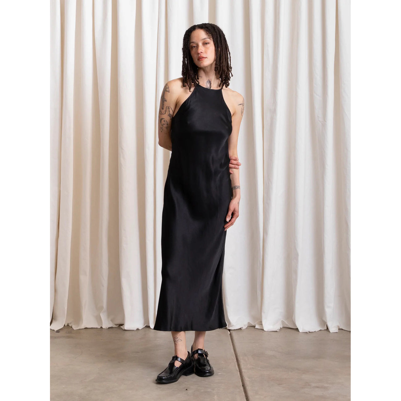 high neck bias dress in black