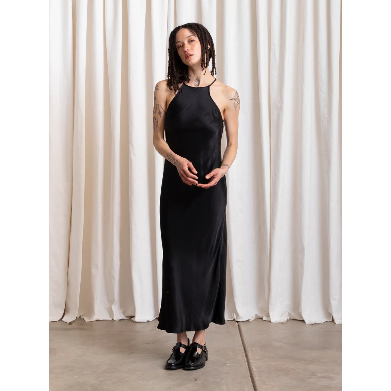 high neck bias dress in black