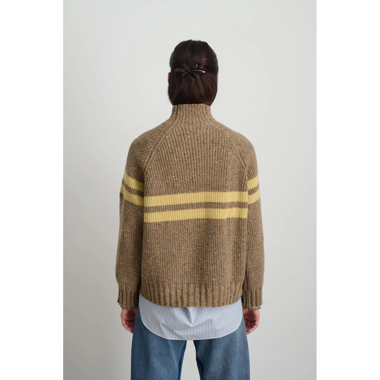 funnel neck in camel+celery donegal