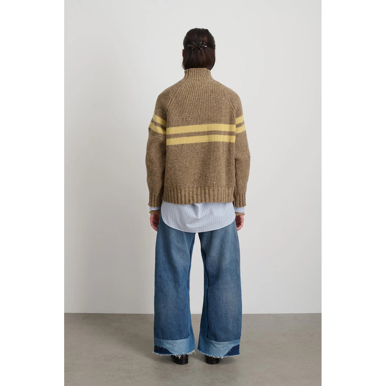 funnel neck in camel+celery donegal