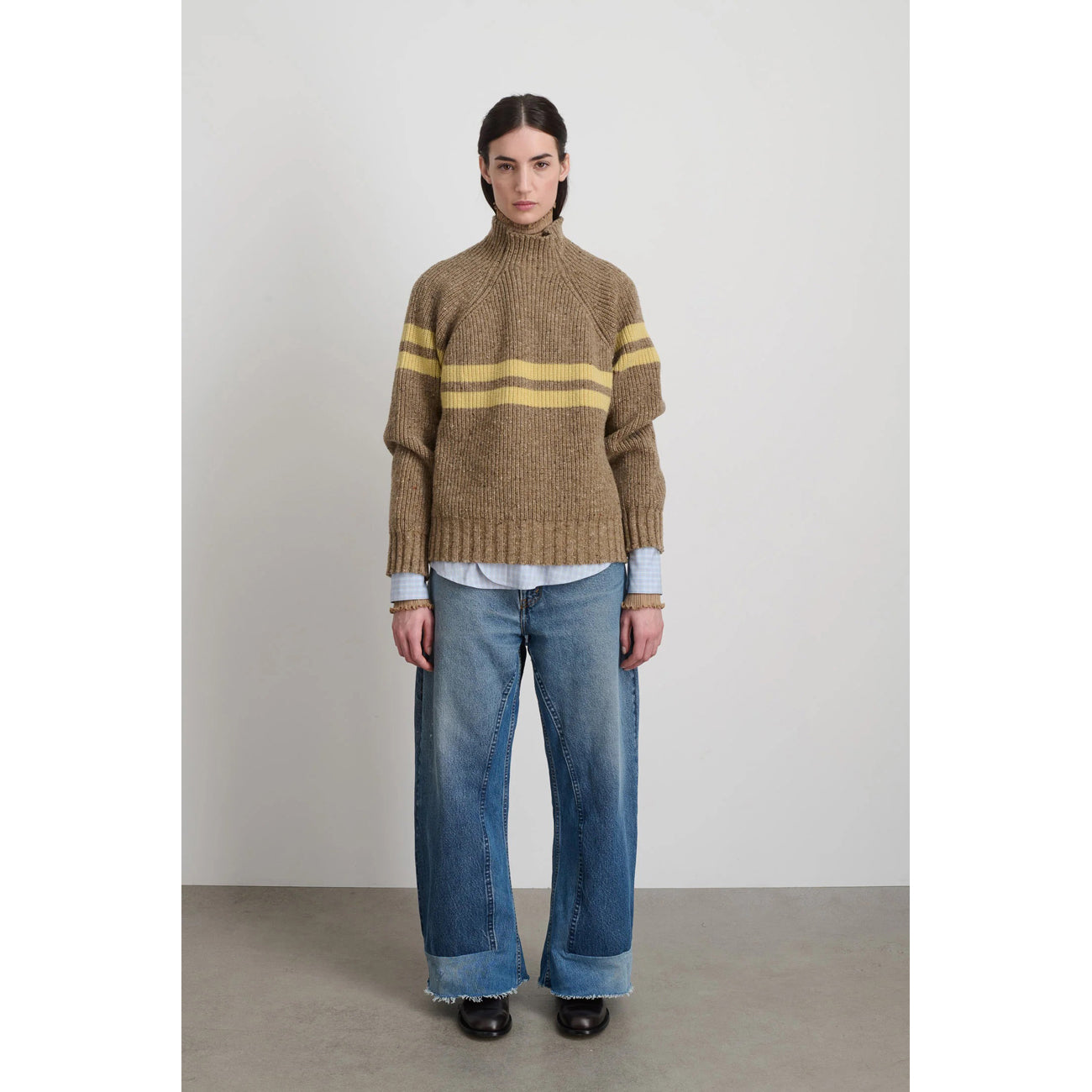 funnel neck in camel+celery donegal