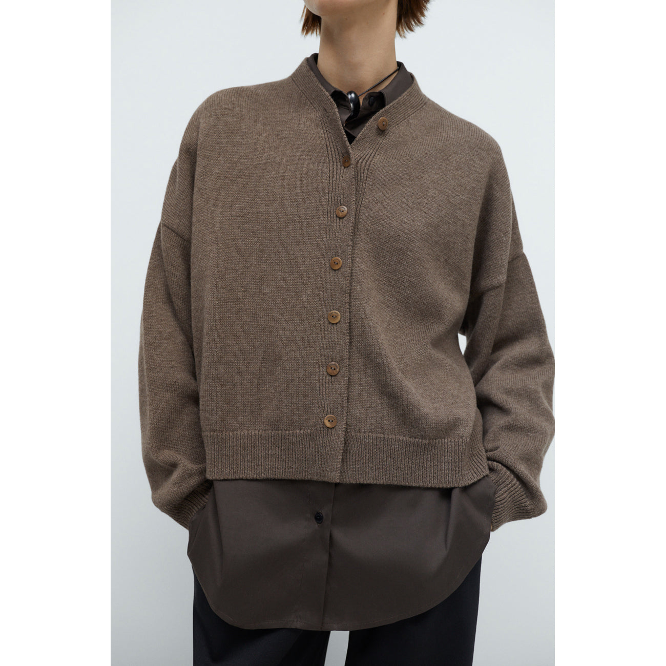 merino wool cardigan in taupe