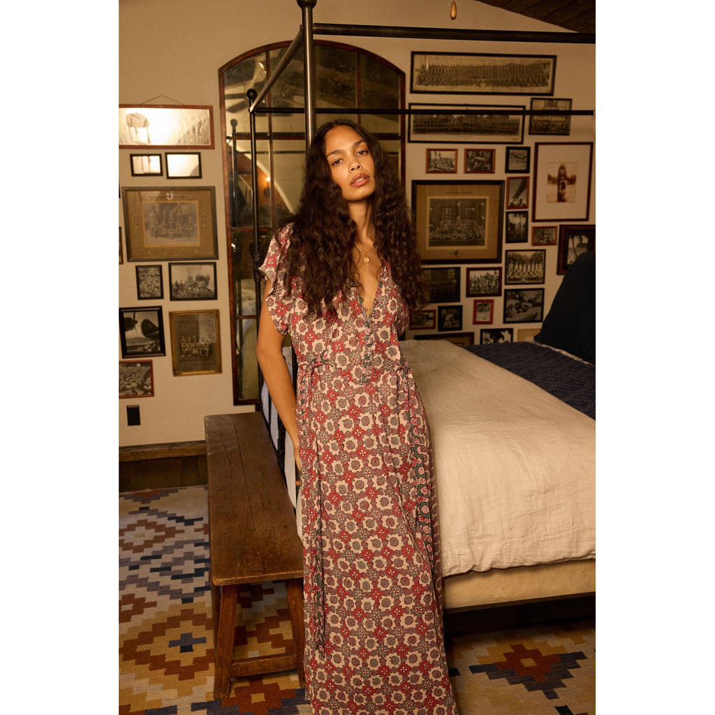 monica dress in spanish tile almond