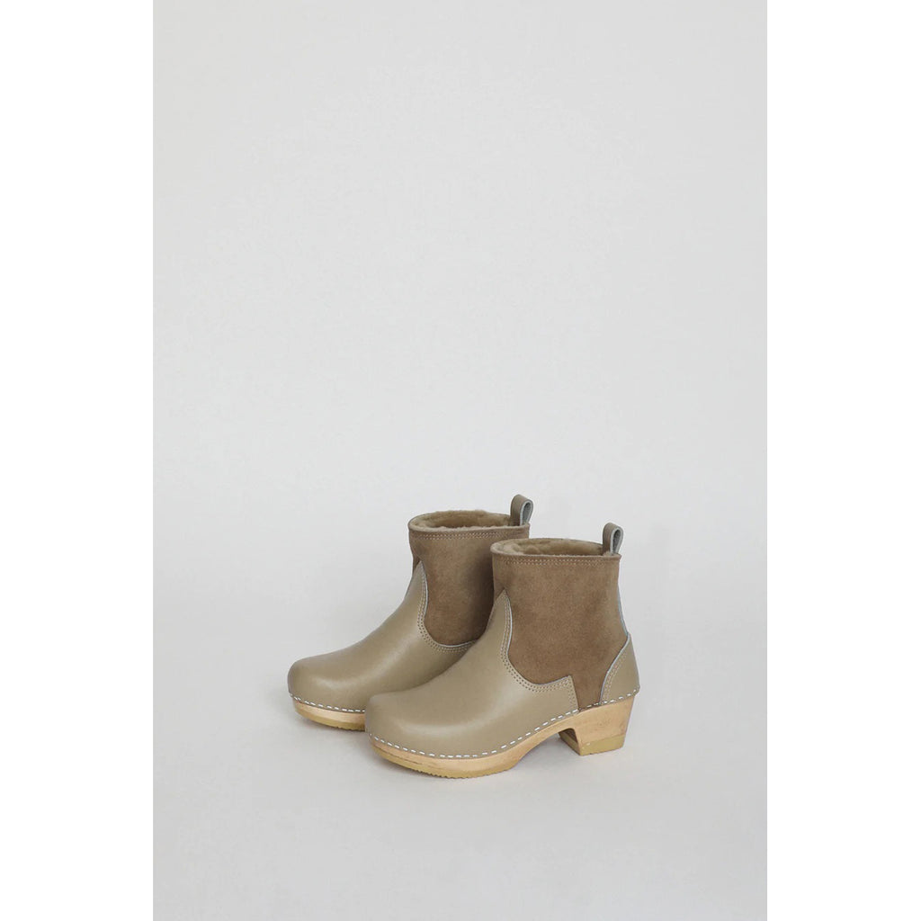 shearling clog boot on mid heel in clay