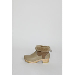 shearling clog boot on mid heel in clay