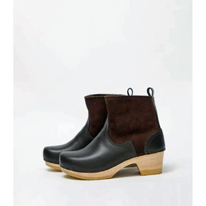 shearling clog boot on mid heel in umber