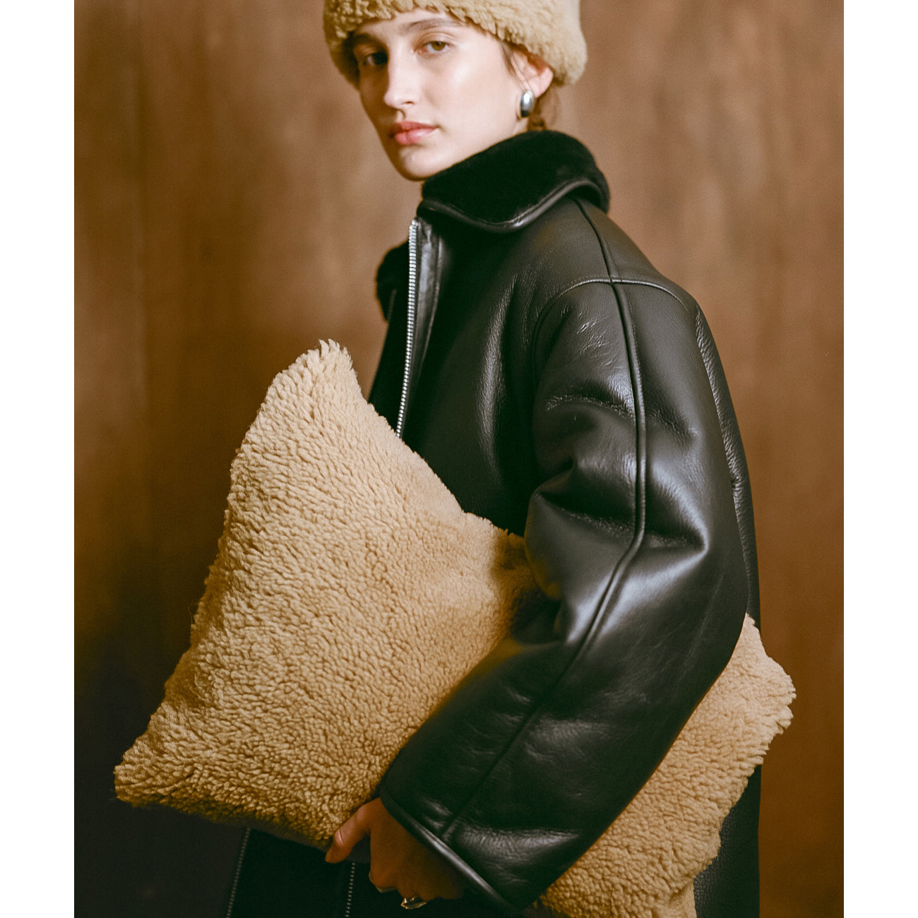 shearling clutch bag in tan