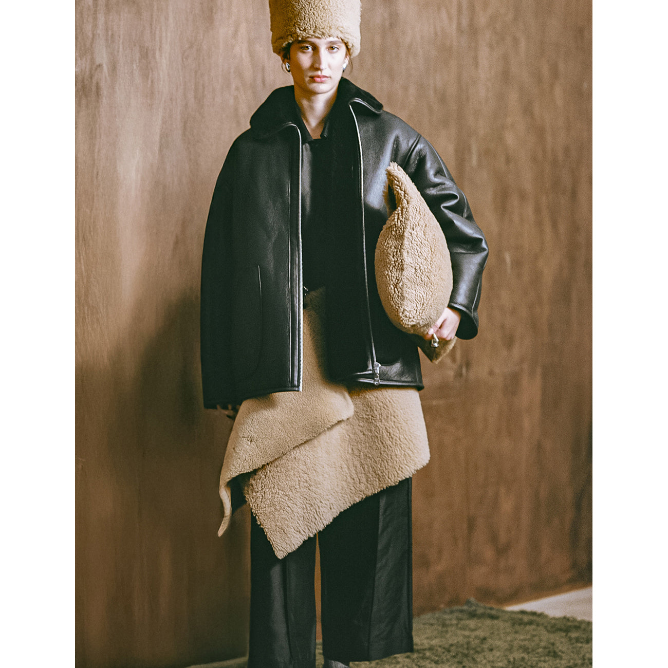 shearling clutch bag in tan
