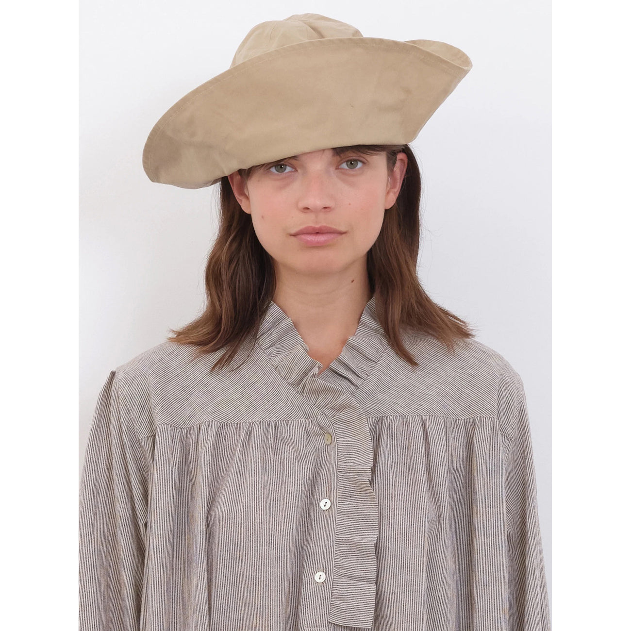 olive dress in bark/ecru stripe