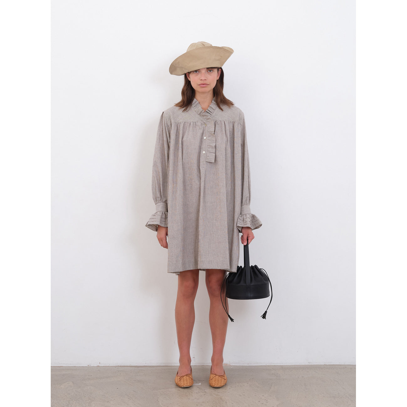 olive dress in bark/ecru stripe