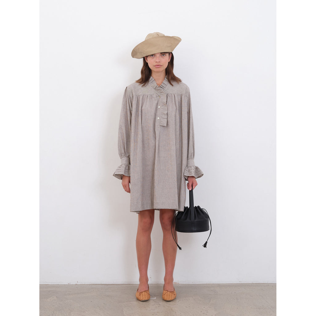 olive dress in bark/ecru stripe