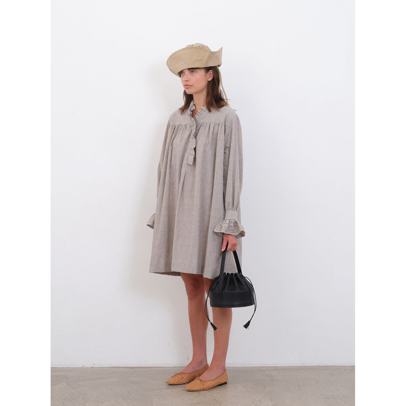 olive dress in bark/ecru stripe