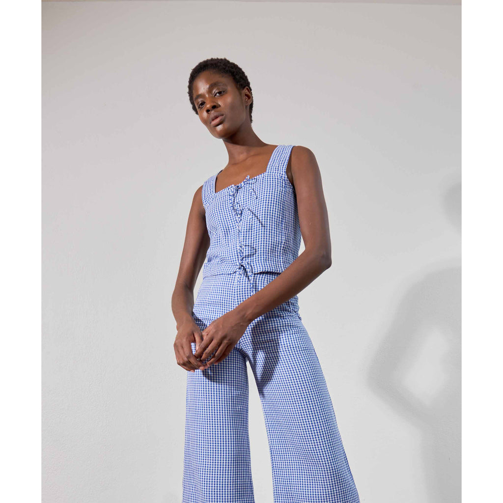 hosta top in indigo gingham