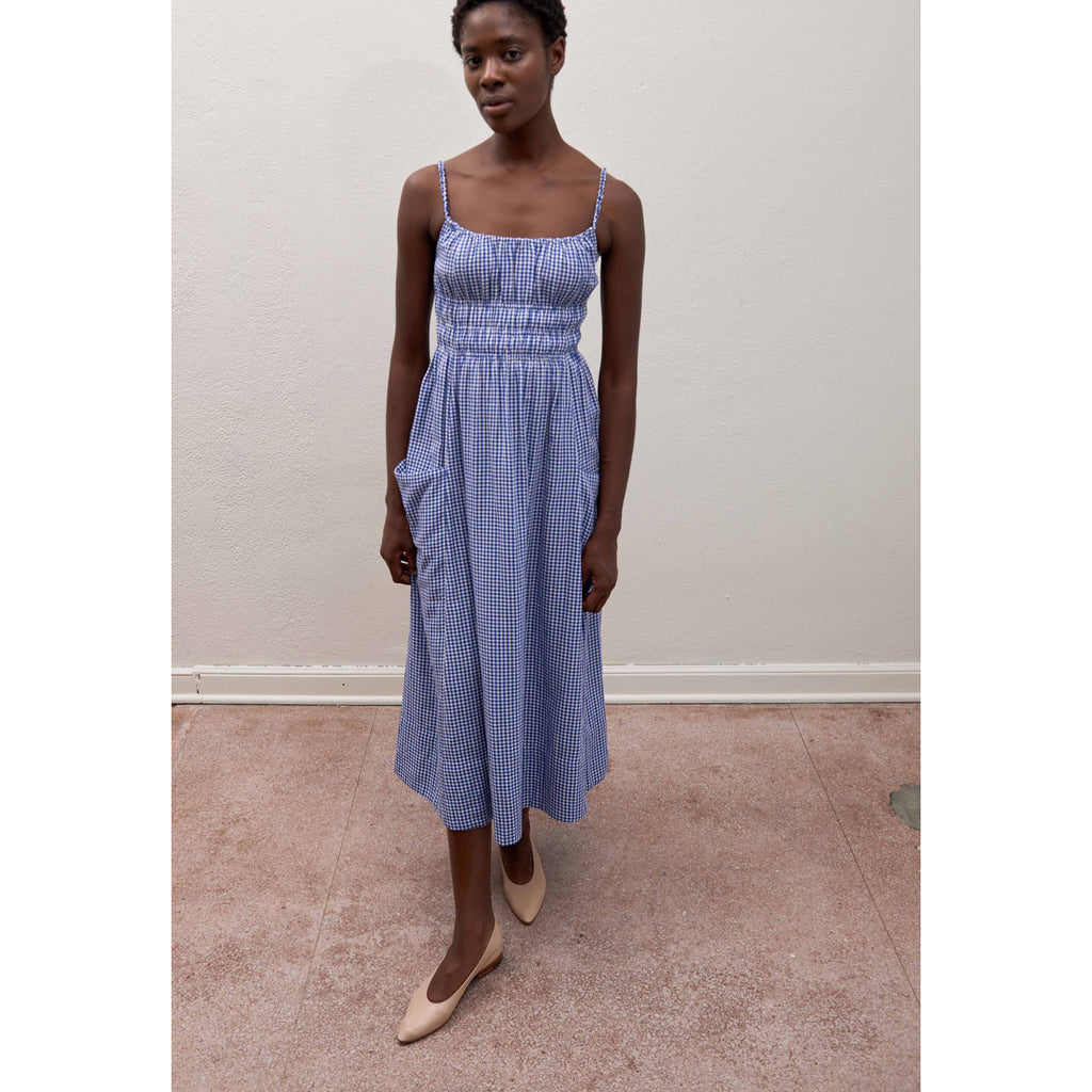 matcha dress in indigo gingham