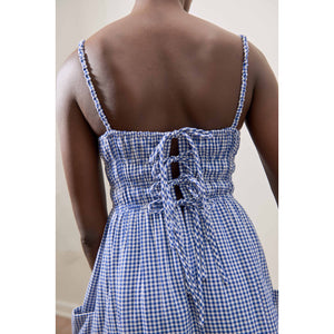 matcha dress in indigo gingham