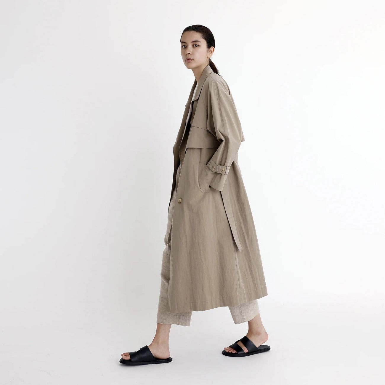 spring long trench in tan