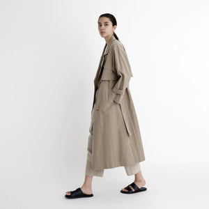 spring long trench in tan