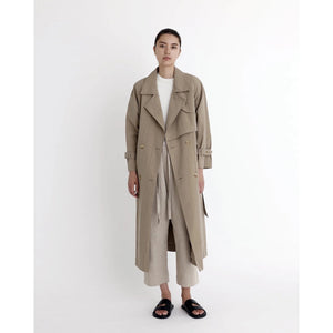 spring long trench in tan