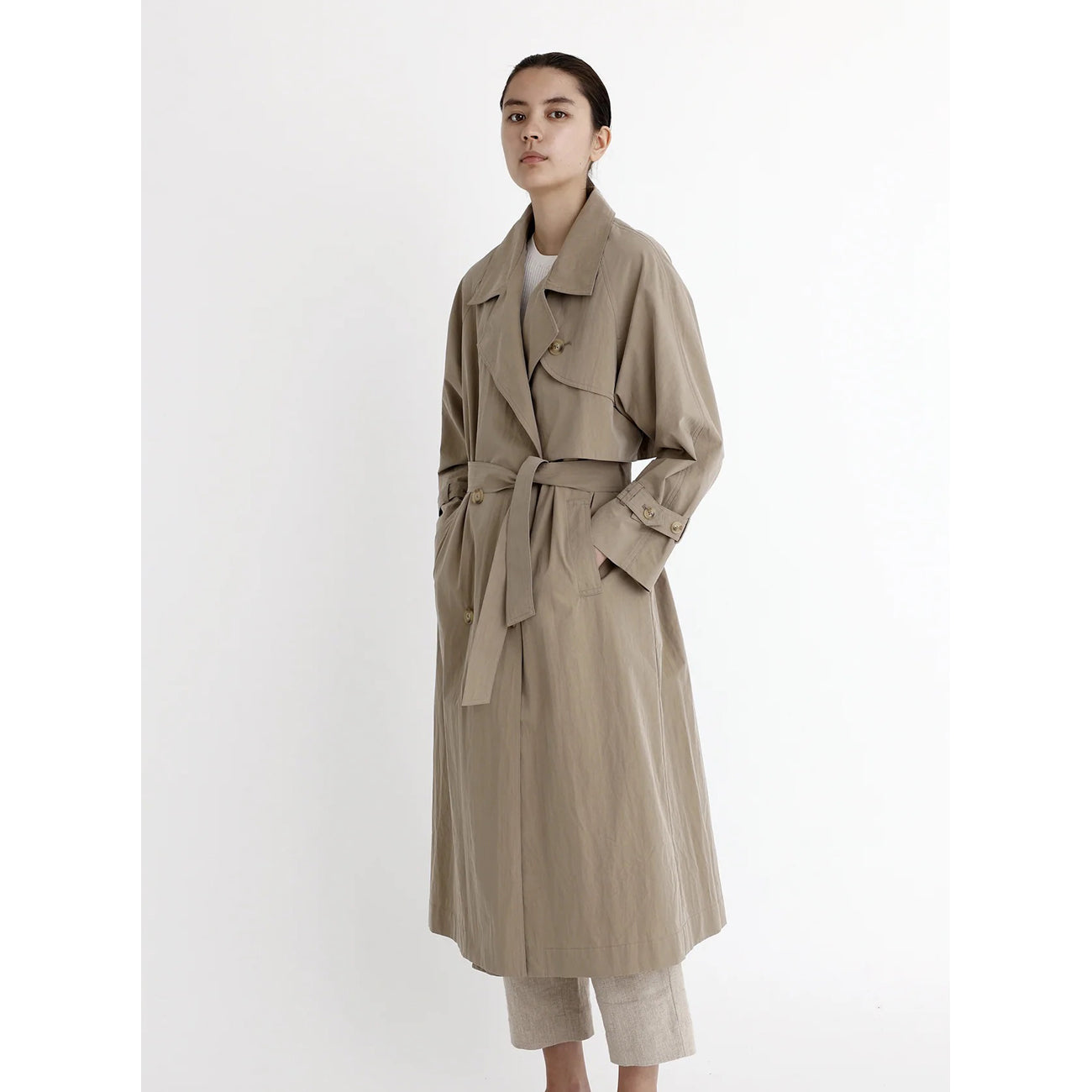 spring long trench in tan