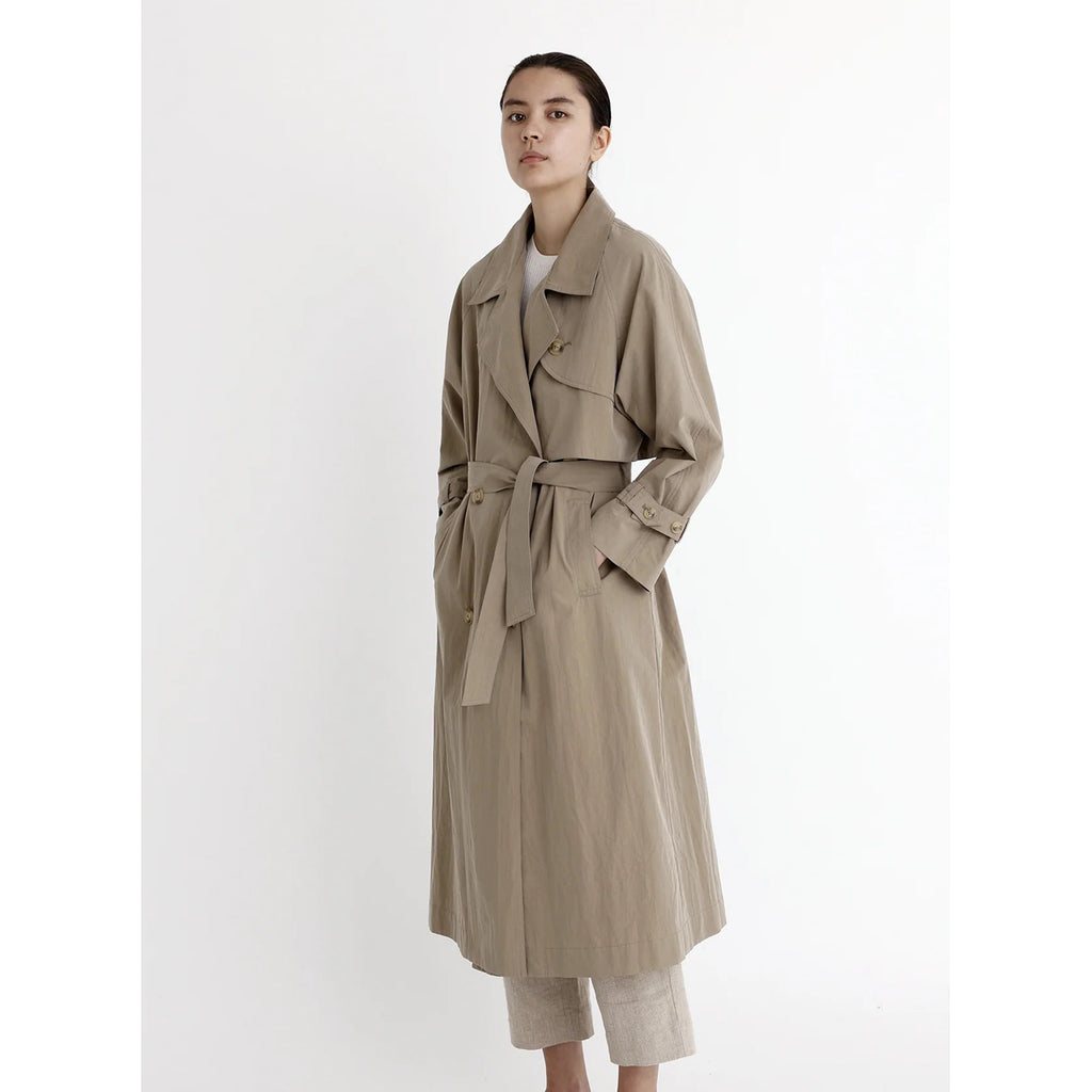 spring long trench in tan
