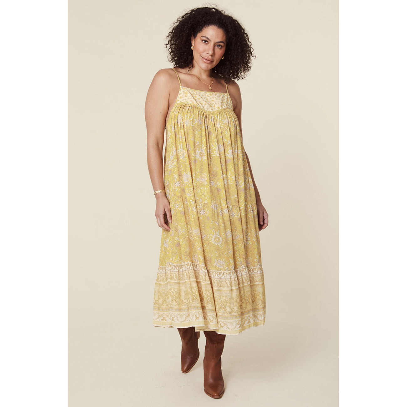 mossy strappy midi dress in lemonade
